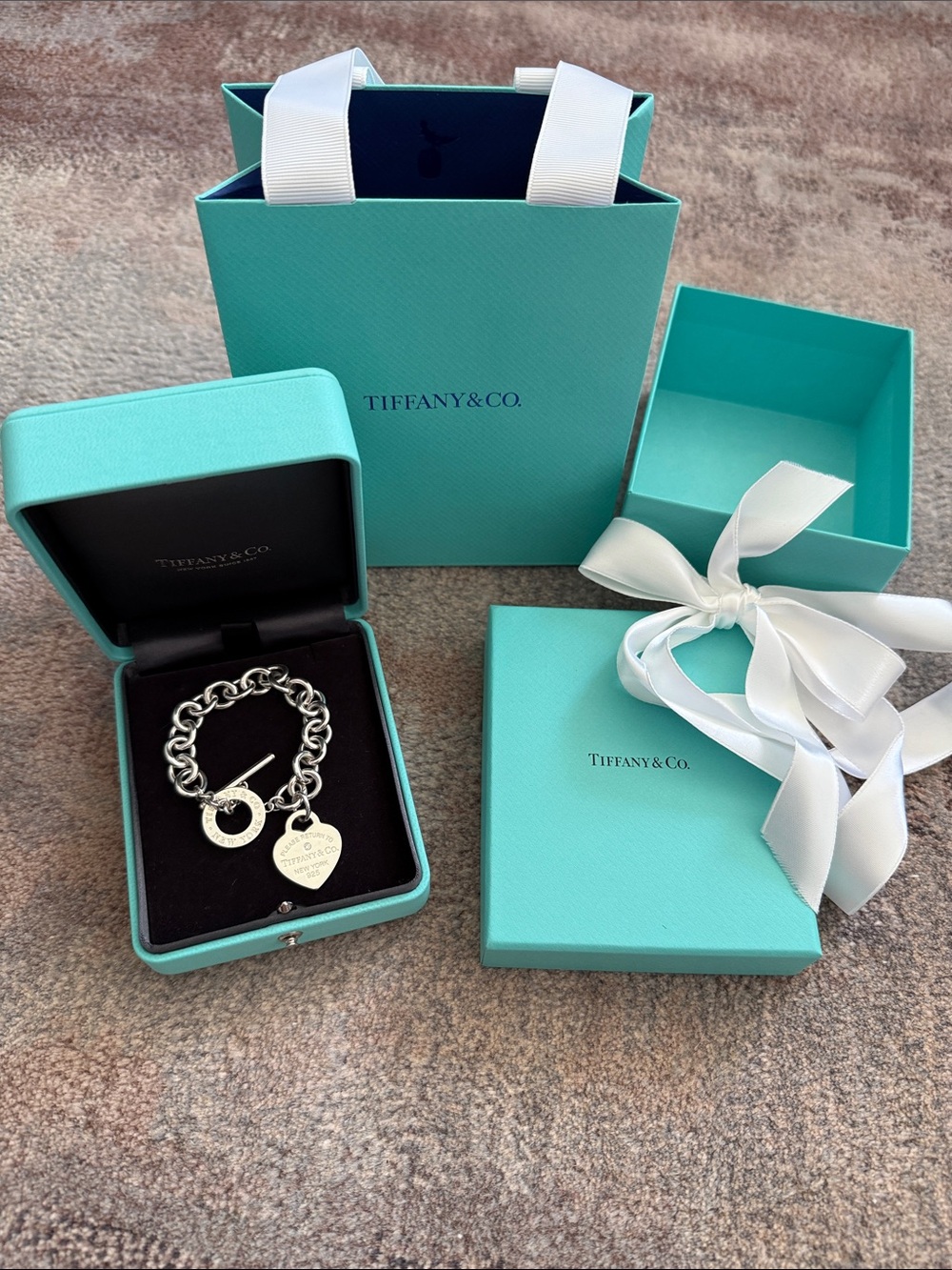 Tiffany & Co. Silver Heart Tag Toggle Bracelet with Tiffany Blue Accents